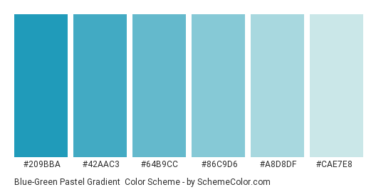 Blue-Green Pastel Gradient - Color scheme palette thumbnail - #209BBA #42AAC3 #64B9CC #86C9D6 #A8D8DF #CAE7E8 