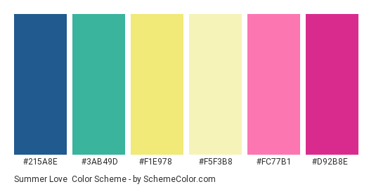 Summer Love - Color scheme palette thumbnail - #215A8E #3AB49D #F1E978 #F5F3B8 #FC77B1 #D92B8E 