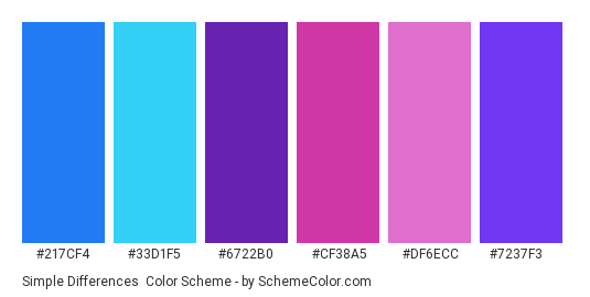 Simple Differences - Color scheme palette thumbnail - #217cf4 #33d1f5 #6722b0 #cf38a5 #df6ecc #7237f3 