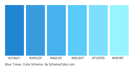 Blue Tones - Color scheme palette thumbnail - #2186d1 #399cdf #46b1ef #5bcbf7 #7cdffd #99f4ff 
