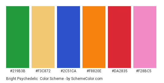 Bright Psychedelic - Color scheme palette thumbnail - #219b3b #f3c872 #2c51ca #f8820e #da2835 #f28bc5 