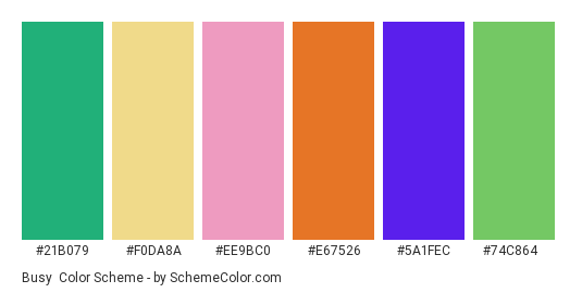 Busy - Color scheme palette thumbnail - #21b079 #f0da8a #ee9bc0 #e67526 #5a1fec #74c864 