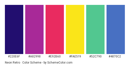 Neon Retro #2 - Color scheme palette thumbnail - #220e6f #a82998 #e92b60 #fae519 #52c790 #4870c2 