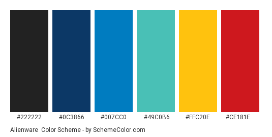 Alienware - Color scheme palette thumbnail - #222222 #0C3866 #007CC0 #49C0B6 #FFC20E #CE181E 