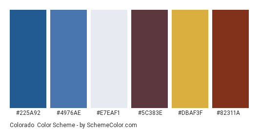 Colorado - Color scheme palette thumbnail - #225a92 #4976ae #e7eaf1 #5c383e #dbaf3f #82311a 