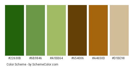 Soup Bowl - Color scheme palette thumbnail - #22630b #6b9846 #a1bb64 #654006 #a4650d #d1be98 