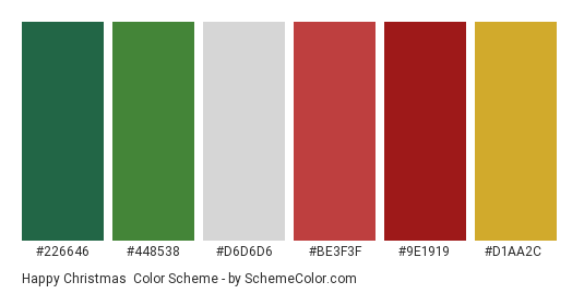 Happy Christmas - Color scheme palette thumbnail - #226646 #448538 #D6D6D6 #BE3F3F #9E1919 #D1AA2C 