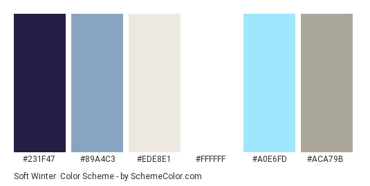 Soft Winter - Color scheme palette thumbnail - #231F47 #89A4C3 #EDE8E1 #FFFFFF #A0E6FD #aca79b 