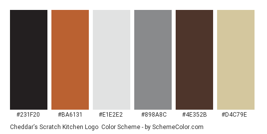 Cheddar’s Scratch Kitchen Logo - Color scheme palette thumbnail - #231f20 #ba6131 #e1e2e2 #898a8c #4e352b #d4c79e 
