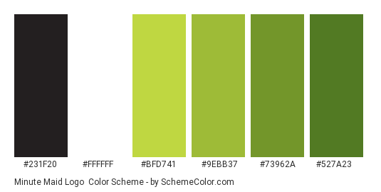 Minute Maid Logo - Color scheme palette thumbnail - #231f20 #ffffff #bfd741 #9ebb37 #73962a #527a23 