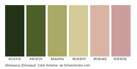 Allosaurus (Dinosaur) - Color scheme palette thumbnail - #233318 #4C5F28 #AAA966 #D4CB99 #D9B4A5 #CB9E9E 