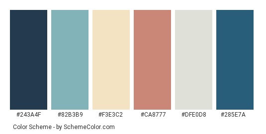 Take This, Please - Color scheme palette thumbnail - #243a4f #82b3b9 #f3e3c2 #ca8777 #dfe0d8 #285e7a 