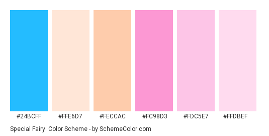 Special Fairy - Color scheme palette thumbnail - #24bcff #ffe6d7 #feccac #fc98d3 #fdc5e7 #ffdbef 