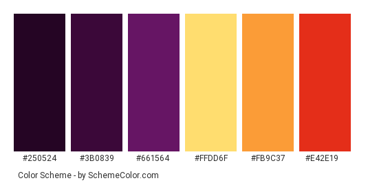 Purple Autumn - Color scheme palette thumbnail - #250524 #3b0839 #661564 #ffdd6f #fb9c37 #e42e19 