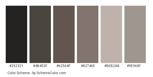 Salt and Pepper Hair - Color scheme palette thumbnail - #252321 #4B453F #62564F #82746E #BEB2AB #9E968F 