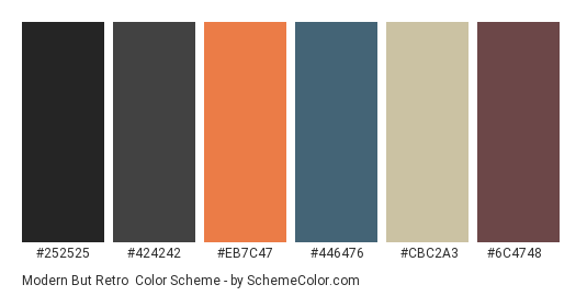 Modern But Retro - Color scheme palette thumbnail - #252525 #424242 #eb7c47 #446476 #cbc2a3 #6c4748 