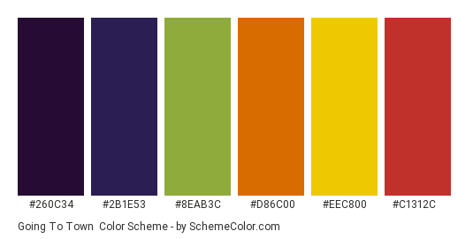 Going to Town - Color scheme palette thumbnail - #260c34 #2b1e53 #8eab3c #d86c00 #eec800 #c1312c 