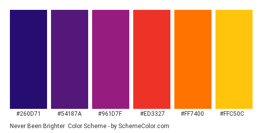 Never Been Brighter - Color scheme palette thumbnail - #260d71 #54187a #961d7f #ed3327 #ff7400 #ffc50c 
