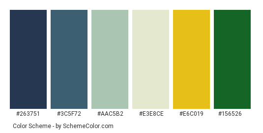 Daisy Beautiful - Color scheme palette thumbnail - #263751 #3c5f72 #aac5b2 #e3e8ce #e6c019 #156526 