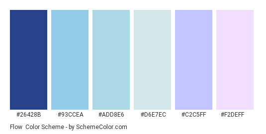 Flow - Color scheme palette thumbnail - #26428B #93CCEA #ADD8E6 #D6E7EC #C2C5FF #F2DEFF 