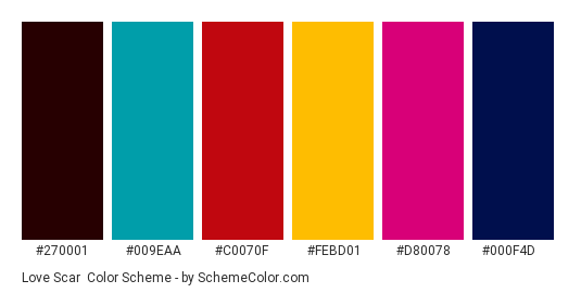 Love Scar - Color scheme palette thumbnail - #270001 #009EAA #C0070F #FEBD01 #D80078 #000F4D 