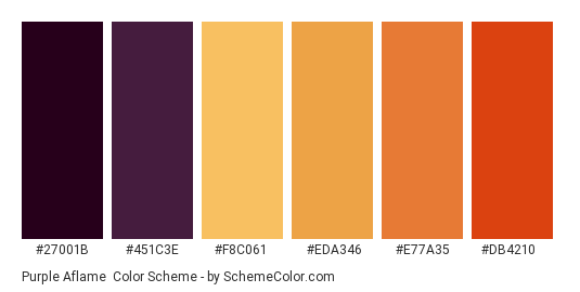 Purple Aflame - Color scheme palette thumbnail - #27001b #451c3e #f8c061 #eda346 #e77a35 #db4210 