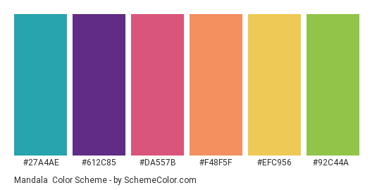 Mandala - Color scheme palette thumbnail - #27a4ae #612c85 #da557b #f48f5f #efc956 #92c44a 