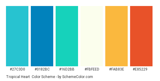Tropical Heart - Color scheme palette thumbnail - #27c3d0 #0182bc #16d2bb #fbfeed #fab83e #e85229 