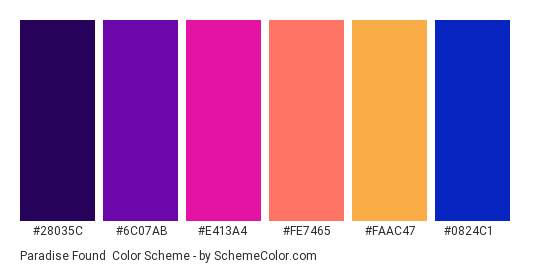 Paradise Found - Color scheme palette thumbnail - #28035c #6c07ab #e413a4 #fe7465 #faac47 #0824c1 