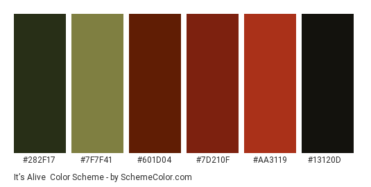 It’s Alive - Color scheme palette thumbnail - #282f17 #7f7f41 #601d04 #7d210f #aa3119 #13120d 