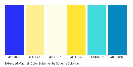 Extended Magnet - Color scheme palette thumbnail - #2830f6 #ffef94 #fffce7 #ffe536 #44d9dc #0588c0 