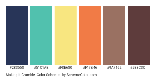 Making it Crumble - Color scheme palette thumbnail - #283558 #51c1ae #f8e680 #f17b46 #9a7162 #5e3c3c 