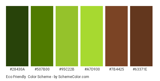 Eco Friendly - Color scheme palette thumbnail - #28430A #507B00 #95C22B #A7D930 #7B4425 #63371E 