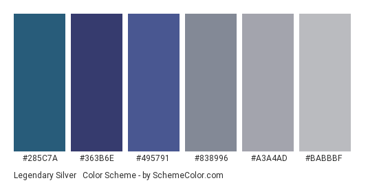 Legendary Silver & Blue - Color scheme palette thumbnail - #285C7A #363B6E #495791 #838996 #A3A4AD #BABBBF 