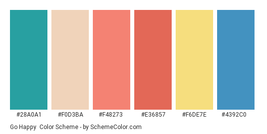 Go Happy - Color scheme palette thumbnail - #28a0a1 #f0d3ba #f48273 #e36857 #f6de7e #4392c0 