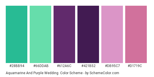 Aquamarine and Purple Wedding - Color scheme palette thumbnail - #28bb94 #66ddab #612a6c #421b52 #db95c7 #d1719c 