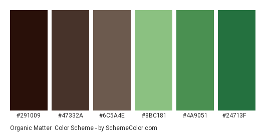 Organic Matter - Color scheme palette thumbnail - #291009 #47332A #6C5A4E #8bc181 #4a9051 #24713f 