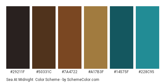 Sea at Midnight - Color scheme palette thumbnail - #29211f #50331c #7a4722 #a17b3f #14575f #228c95 