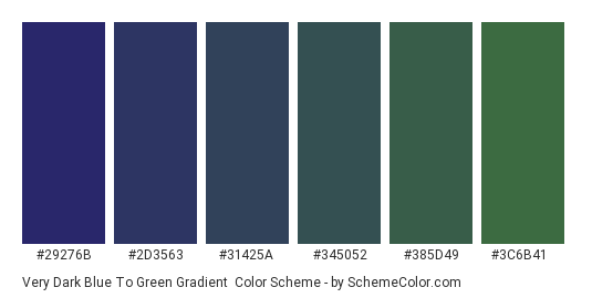 Very Dark Blue to Green Gradient - Color scheme palette thumbnail - #29276B #2D3563 #31425A #345052 #385D49 #3C6B41 
