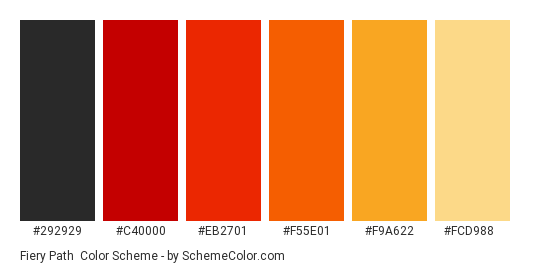Fiery Path - Color scheme palette thumbnail - #292929 #C40000 #EB2701 #F55E01 #F9A622 #FCD988 