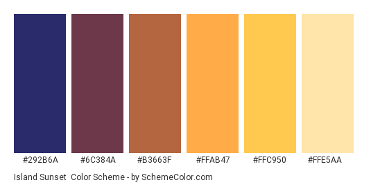 Island Sunset - Color scheme palette thumbnail - #292b6a #6c384a #B3663F #FFAB47 #FFC950 #FFE5AA 