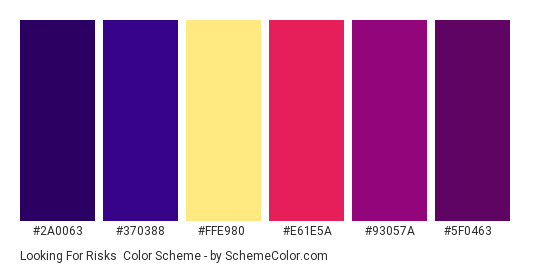 Looking for Risks - Color scheme palette thumbnail - #2A0063 #370388 #FFE980 #E61E5A #93057A #5F0463 