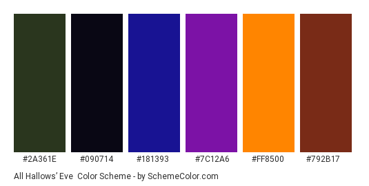 All Hallows’ Eve - Color scheme palette thumbnail - #2A361E #090714 #181393 #7C12A6 #FF8500 #792B17 