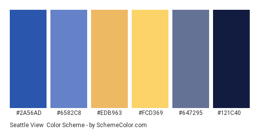 Seattle View - Color scheme palette thumbnail - #2A56AD #6582C8 #EDB963 #FCD369 #647295 #121C40 