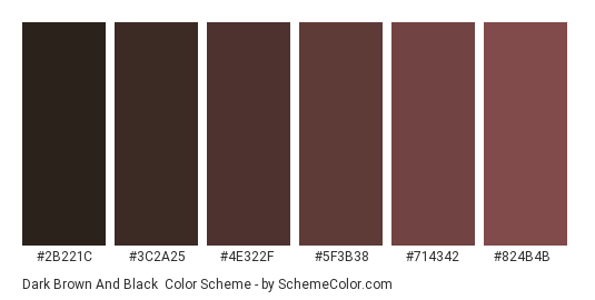 Dark Brown and Black - Color scheme palette thumbnail - #2B221C #3C2A25 #4E322F #5F3B38 #714342 #824B4B 