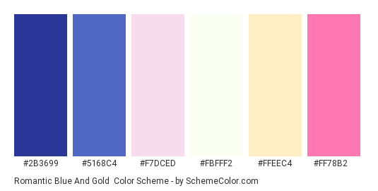 Romantic Blue and Gold - Color scheme palette thumbnail - #2B3699 #5168C4 #F7DCED #FBFFF2 #FFEEC4 #FF78B2 