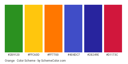 Orange & Blue (Christmas) - Color scheme palette thumbnail - #2B9120 #FFC60D #FF7700 #404DC7 #28249E #D1173C 