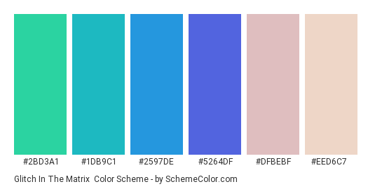 Glitch in the Matrix - Color scheme palette thumbnail - #2BD3A1 #1DB9C1 #2597DE #5264DF #DFBEBF #EED6C7 