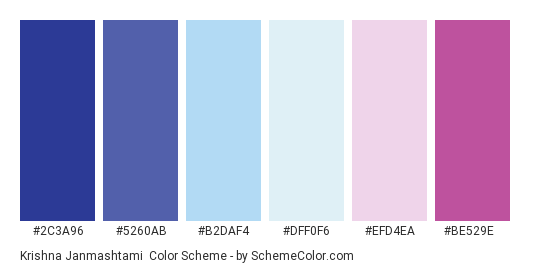 Krishna Janmashtami - Color scheme palette thumbnail - #2C3A96 #5260AB #B2DAF4 #DFF0F6 #EFD4EA #BE529E 