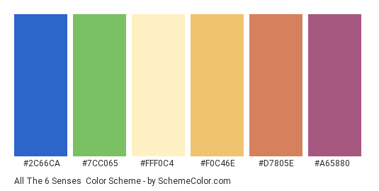 All the 6 Senses - Color scheme palette thumbnail - #2C66CA #7CC065 #FFF0C4 #F0C46E #D7805E #A65880 